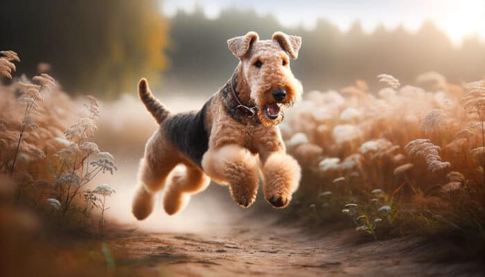 Airedale Terrier running through the fields