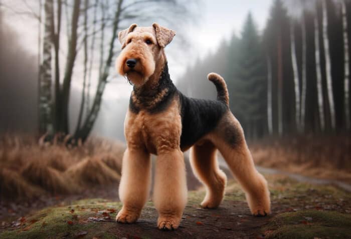 Airedale Terrier standing in a forest