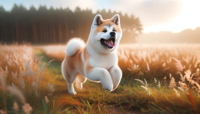 Akita running through the fields