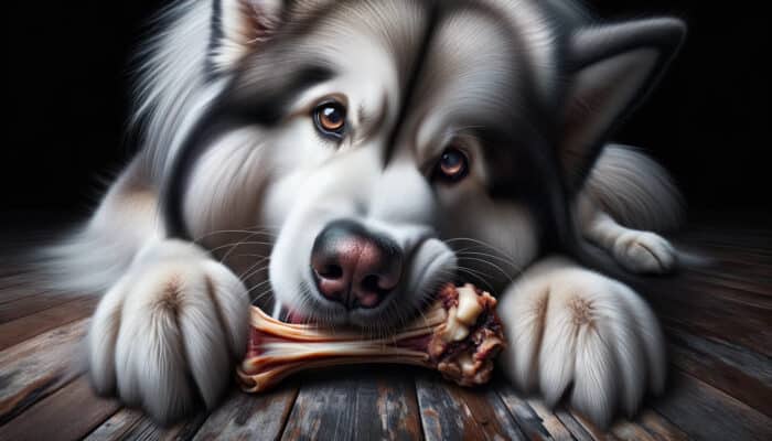 Alaskan Malamute eating bone