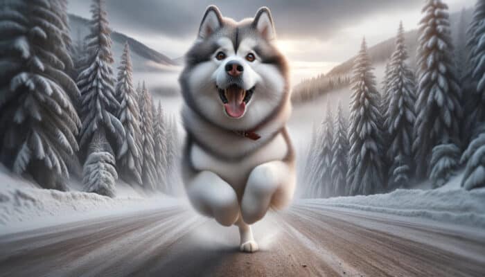 Alaskan Malamute running during winter snow