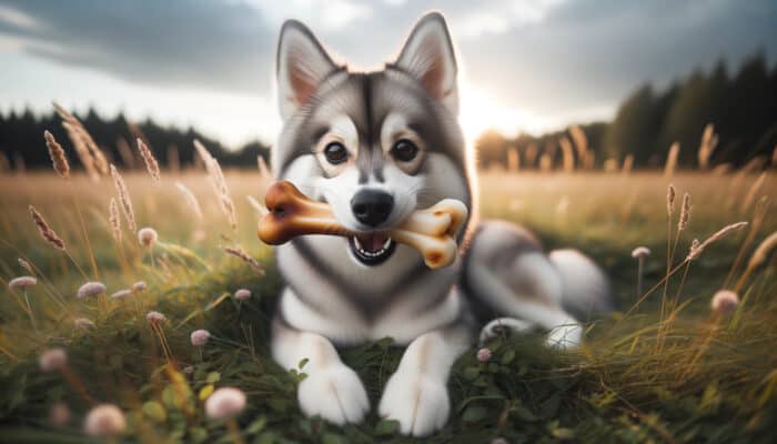 Photo of an Alaskan Klee Kai dog eating a bone